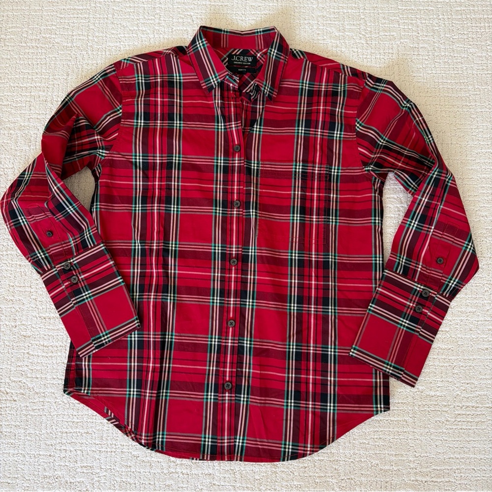 J. Crew Organic Cotton Red Black Tartan Plaid Garçon Button Down Shirt Womens 2